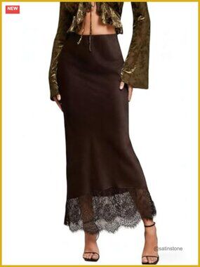 High-Waisted Lace Trim Mermaid Maxi Skirt Satin Fairycore Evening Skirt
